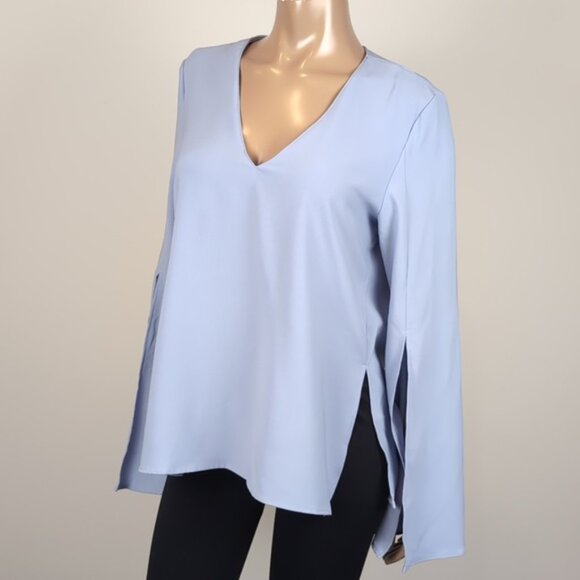 Topshop Periwinkle Slit Bell Sleeve Top VNeck Boxy Tunic Blouse Womens Size 8 - Picture 5 of 12
